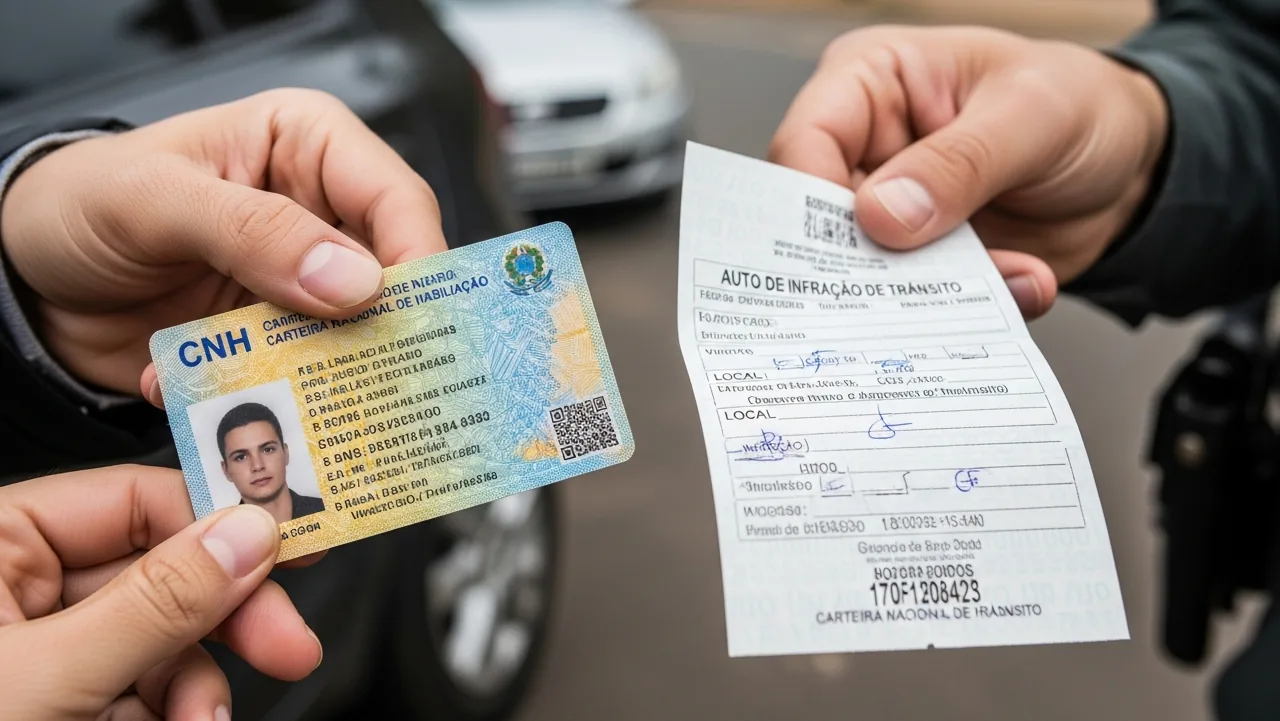 Motorista verificando documento de veículo e notificações de multas de pedágio